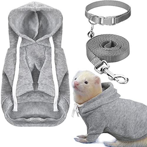 Frettchen-Zubehör, weiches Frettchen-Sweatshirt, sicheres Glockenkragen, Frettchen-Geschirr und Leine, Set für Hamster, Meerschweinchen, Chinchilla, Teetasse, Chihuahua, Grau, 3-teilig von Cunno