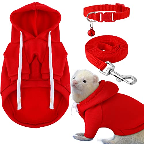 Frettchen-Zubehör, weiches Frettchen-Sweatshirt, sicheres Glockenkragen, Frettchen-Geschirr und Leine, Set für Hamster, Meerschweinchen, Chinchilla, Teetasse, Chihuahua, Rot, 3-teilig von Cunno