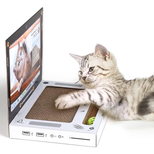 Kratzbrett Katzen-Laptop zum Kratzen aus Pappe Katzenspielzeug mit Spielmaus Interaktives Kratzspielzeug Kratzbrett Katzenkratzbrett in Form eines Laptops, langlebig und vergießt Keine Krümel von Cunsieun
