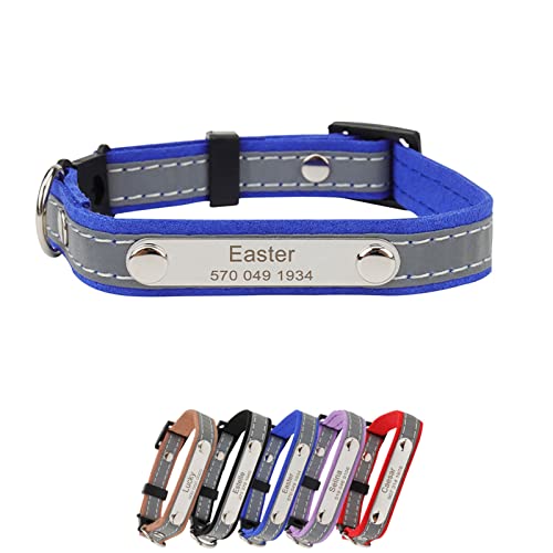 Personalisiertes Hundehalsband Leder mit Namensschild, Hundehalsband mit Namen und Telefonnummer, Reflektierend Verstellbare Hunde hHalsbänder mit D-Ring für Kleine Mittlere Große Hunde(Blau) von Cuperay