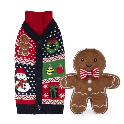 Cupid & Comet Lebkuchen-Weihnachtshunde-Geschenk-Set mit Pullover, Spielzeug und Leckerlis (klein – 43 cm) von Cupid & Comet