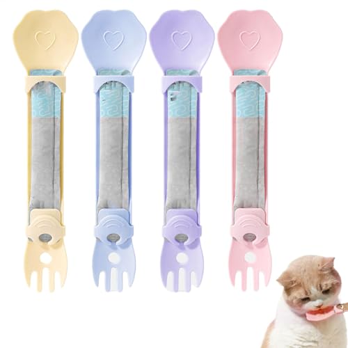 Cushangty Katzenstreifen-Futterlöffel, Katzenleckerli-Löffel, 4er-Pack Katzenfutterspender Happy Spoon, Katzen-Stick-Futterspender, zusammendrückbarer Katzen-Fütterlöffel, Streifen-Quetschlöffel für von Cushangty