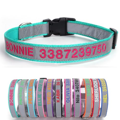 Personalisiertes reflektierendes Hundehalsband mit Haustiernamen und Telefonnummer, besticktes Nylon, maßgeschneidertes Halsband für Welpen, kleine, mittelgroße und große Jungen, Mädchen, Hunde von CustomizeFactory