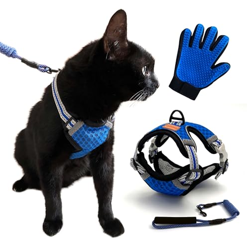 CutePet,Anti-Ausfluchtgeschirr für Kätzchen, ausgewachsene Katzen, Welpen, kleine Hunde, Kaninchen mit Handschuh, Katzenfaar, verstellbar,atmungsaktives Netz und reflektierendes Band (L, blau) von Cute Pet