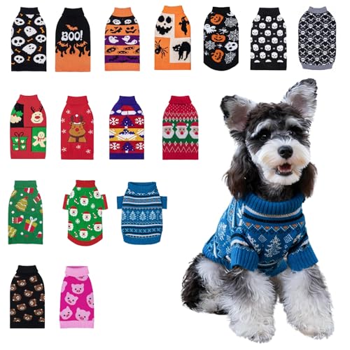 CuteBone Blauer Hundepullover Schneeflocken-Strick-Welpenkleidung für kleine Hunde, Gemütliche Sweatshirts Winterjacken und -mäntel für Hunde mit Loch für die Leine DS72XL-DE von CuteBone