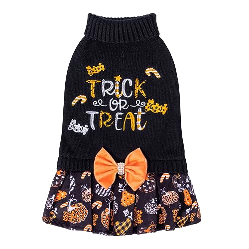 CuteBone Halloween-Hundepullover-Kleid, Trick-or-Treat-Strick-Rollkragenpullover, Welpenpullover mit Fliege, Leine, Loch, Pullover, Winterkleid für kleine Hunde DS77XS-DE von CuteBone