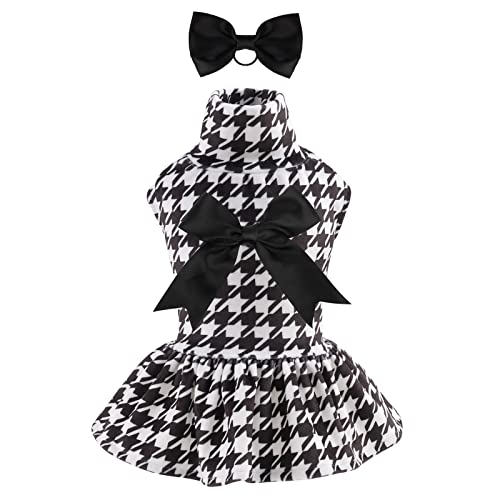 CuteBone Houndstooth Hundekleid samt Rollkragenpullover Welpenrock Kostüm Haustier Outfit Katzenkleidung mit Schleife Haarseil Geburtstagsgeschenk CVD04M-DE von CuteBone