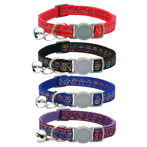 4 Stück Katzenhalsband mit Glocke Non Breakaway Polyester Kätzchenhalsband Verstellbare Schnellverschluss Sicherheit Kätzchenhalsbänder für Mädchen Junge Katzen Kleine Hunde Welpen Haustier Party (A) von CutitiUU