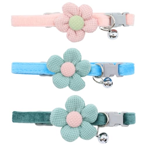 CutitiUU 3 Katze Blume Glockenhalsband,Katzenhalsband mit Glöckchen,Katzenhalsband,mit Blume,verstellbar,Niedliches Blumenhalsband,für Kätzchen, Welpen,Dunkelblau+Himmelblau+Rosa von CutitiUU