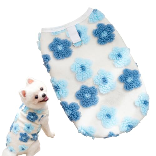 CutitiUU Blaue Blume Haustier warme Kleidung,Kleiner Hundepullover Winter Warme Fleecejacke Mantel,Haustierkleidung Autumn und Winter Blumen Plüsch Doppelschicht Universal Kälteschutzweste (L) von CutitiUU