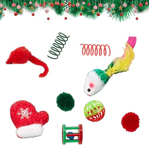 CutitiUU Weihnachts Katzenspielzeug Set 9 Teile Interaktive Spielzeuge für Katzen Mäuse Glocken Katzengras Feder Spielzeug Bälle Federn Spiralen Weihnachts Handschuhe von CutitiUU