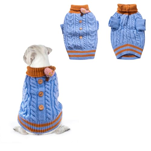 Hunde Pullover Turtleneck Strick Winter Hundemantel Fleece Kapuze Hund Katze Cozy Pyjama Hundebekleidung Klassisches Kabelstrick Warm Haustierbekleidung Blau (L) von CutitiUU