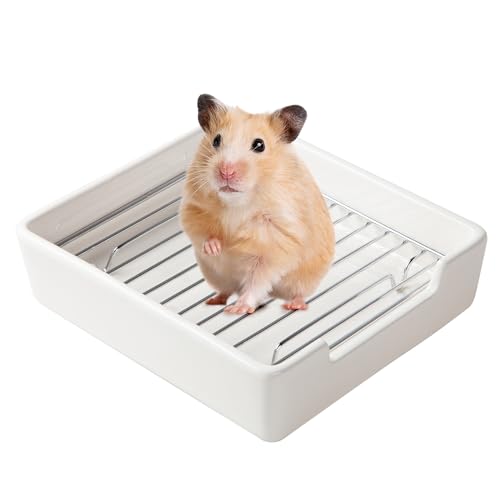 Cutomo Kleine Haustier-Toilettenschale aus Keramik mit Rost, quadratischer Katzenkäfig, Töpfchentrainer-Box für Meerschweinchen/Chinchilla/Frettchen/Hase/Hamster (weiß) von Cutomo