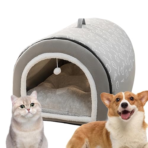 Cyatfcn Bedecktes Hundebett – 2 in 1 abnehmbares überzogenes Katzenbett mit Kugelanhänger – Flanell-Katzenbett, Katzennest für Indoor-Katzen, Katzenversteck Katzenhöhlen für Indoor-Katzen, warmes von Cyatfcn