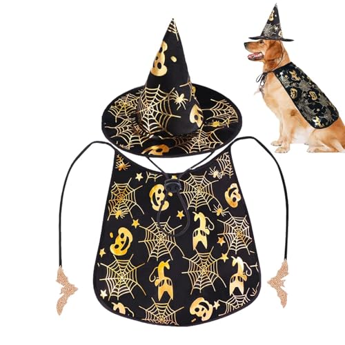 Cyatfcn Halloween-Katzenkostüm, Vampir-Umhang und Hut, cooles Outfit – Hut/Umhang mit - und Spinnennetz-Muster, Umhang, Hut, Vampirumhang, Katzen, Cosplay-Kleidung von Cyatfcn