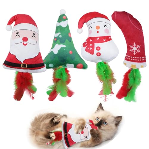 Cyatfcn Katzenspielzeug mit Weihnachtsmotiv,Weihnachtsspielzeug für Katzen - 4-teiliges Kauspielzeug für zahnende Kätzchen,Interaktives, bissfestes Plüschspielzeug, mit Katzenminze gefülltes von Cyatfcn