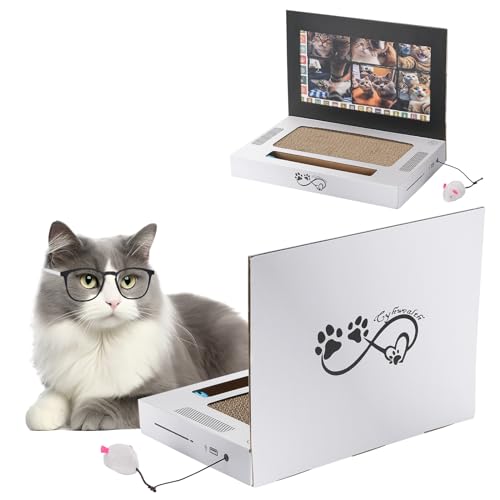 Hunde Kratzbrett Groß, Laptop Scratcher Katzenspielzeug, Laptop Katze mit Flauschiger Maus, Karton Katzenkratzer von Cyhwealth