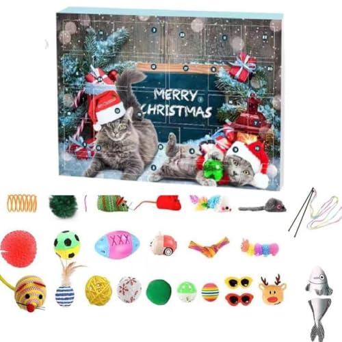 Cymwer 2024 Katzen-Adventskalender, 24 Tage Weihnachts-Countdown-Kalender mit verschiedenen Katzenspielzeugen, 24 PCS interaktives Katzenspielzeug-Set Katzen Kätzchen von Cymwer