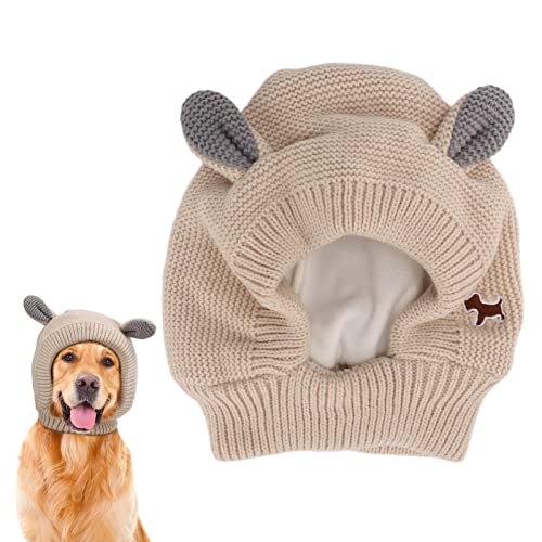 Cyrank Warme Hundemütze, Lärmschutz gestrickte Hundewintermütze leise Hundeohren Hundemütze Bunny Kostüm für kleine bis große Hunde Katzen Haustiere (Beige) von Cyrank