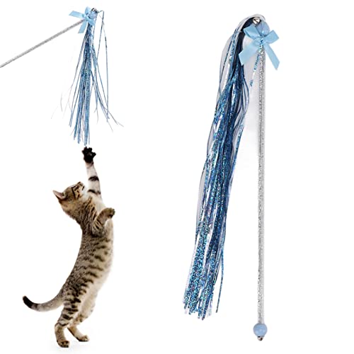 Katzenspielzeug Für Hauskatzen, Interaktives Katzenspielzeug, Lustiges Katzen-Stick-Training, Katzen-Artefakt-Zauberstab, Paillettenbänder Und Glocken-Dekor, Katzen-Kätzchen-Zauberstab-Spielzeug(Blau) von Cyrank