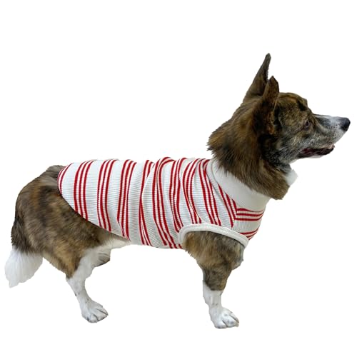 D DOGGY STAR Welsh Corgi Kleidung für Hunde, gestreift, Baumwolle, dehnbar, ärmellos, Größe 4XL, Rot gestreift von D DOGGY STAR