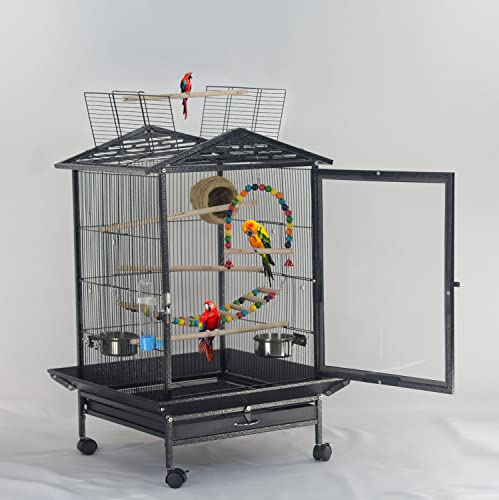 Vogelkäfig für Papageien, offener Oberseite, stehend, mit Rollständer, großer Metall-Vogelkäfig (Geschenk im Lieferumfang enthalten), für Angehörige, Finken, Kanarienvögel, Sittiche, Nymphensittiche, Wellensittiche, Papageien, Konturen von D'llesell