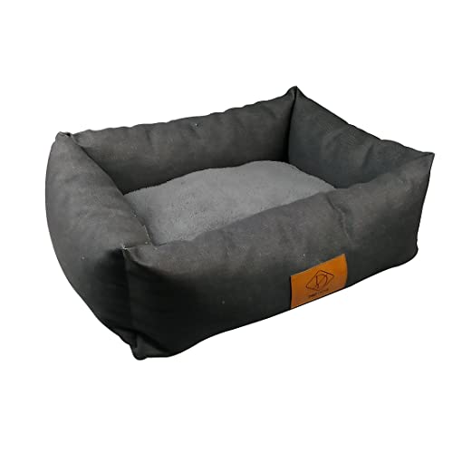 D&D Home, Hundebett Denim S – 48 x 38 x 18 cm, Trendiger Korb mit rutschfestem Boden und Finish mit Etikett aus Leder, enthält EIN extra weiches Kissen aus Plüsch, fest gefüllt mit Polyfill von D&D Home