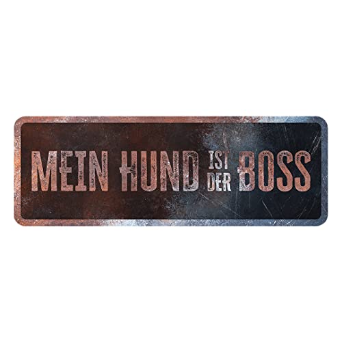 D&D Home, Warnschild Achtung an den Hund, 40 x 13 x 0,3 cm, deutsche Version, schwarzer Hintergrund, Warnschild aus Metall, rostbeständig, mit lustigem Text von D&D Home