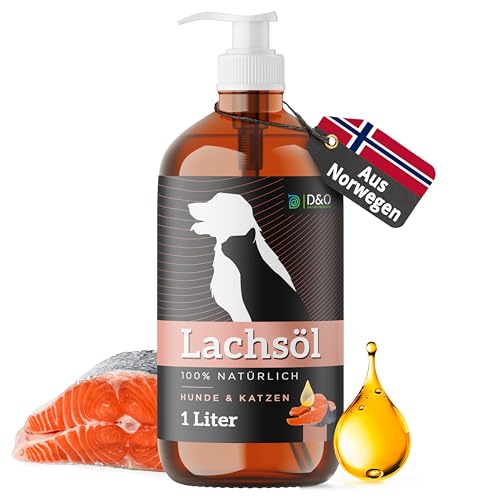 Lachsöl Hunde 1L in praktischer Flasche mit Pumpspender, Lachsöl Katze mit Omega 3 & 6, norwegisches Lachs Öl 100% natürlich, Fischöl für Hunde und Katzen, Salmon Oil for Dogs Fish Oil, Fellpflege von D&O Nature Products