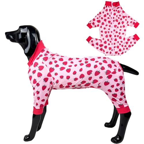 D.E.E Hunde-Pyjama, Baumwolle, verhindert Lecken von Wunden, für große Hunde, für Mädchen und Jungen, leichte Hunde-Jumpsuits (Reißverschluss, Erdbeere, Größe 2XL, Brustumfang ca. 80 cm) von D.E.E