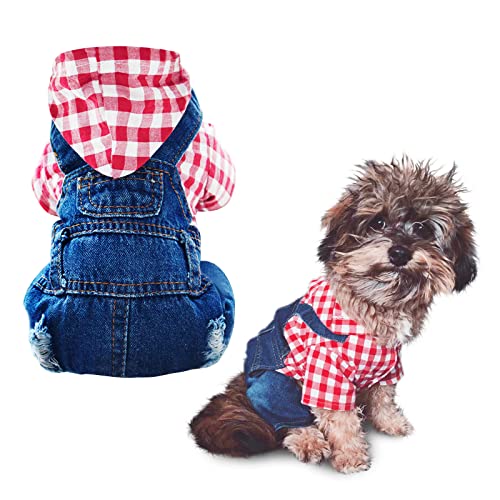 Haustierkleidung, Denim-Hunde-Jeans, Gitter-Overall, Kapuzenmantel für kleine, mittelgroße Welpen, Katzen, rotes Karomuster von DABLUE