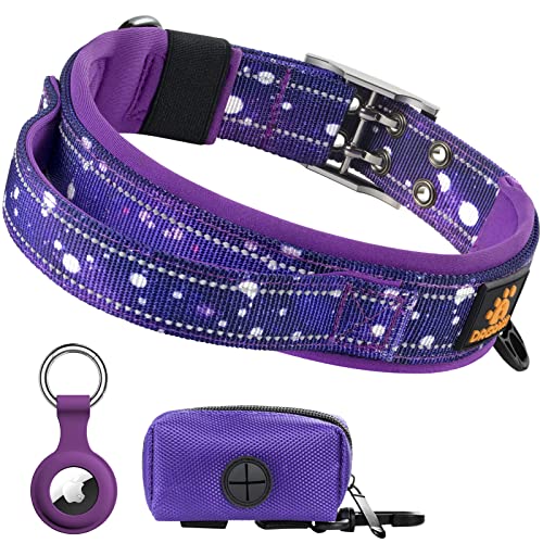 DAGANXI Hundehalsband, Verstellbares, weiches Neopren Gepolstert, atmungsaktiv, reflektierender Streifen, Nylonhalsband für kleine, mit Airtags-Hülle und Hundekotbeutelspender (X-Large, Himmel/Lila) von DAGANXI