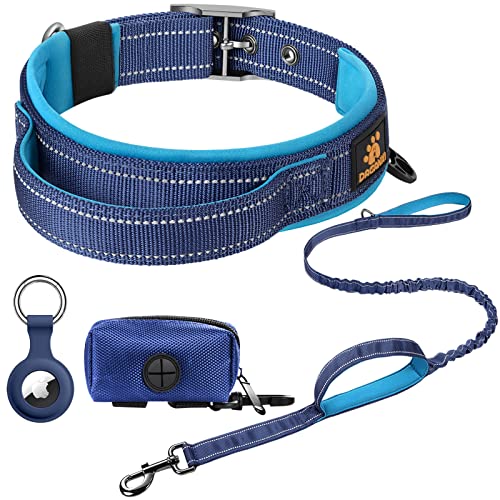 DAGANXI Hundehalsband, verstellbar, weich, Neopren, gepolstert, atmungsaktiv, reflektierend, Nylonhalsband für kleine, mit Airtags-Hülle und Hundekotbeutel-Spender (Medium, Blau/Blaugrün-Set) von DAGANXI