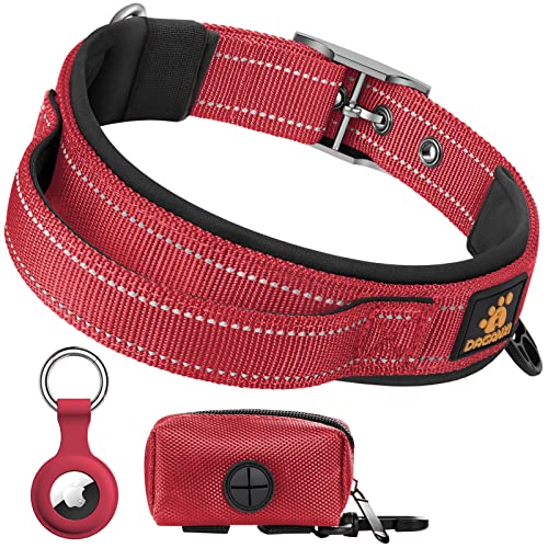 DAGANXI Hundehalsband Verstellbares, Weiches Neopren Gepolstert Atmungsaktiv Reflektierender Streifen Nylon Halsband für Kleine Mittlere Große Hunde, mit Airtags-Hülle und Hundekotbeutel Spender von DAGANXI