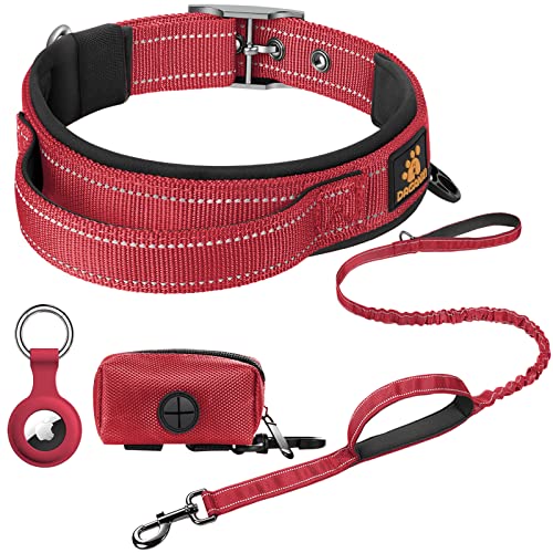 DAGANXI Hundehalsband Verstellbares, Weiches Neopren Gepolstert Atmungsaktiv Reflektierender Streifen Nylon Halsband für Kleine Mittlere Große Hunde, mit Airtags-Hülle und Hundekotbeutelspender von DAGANXI