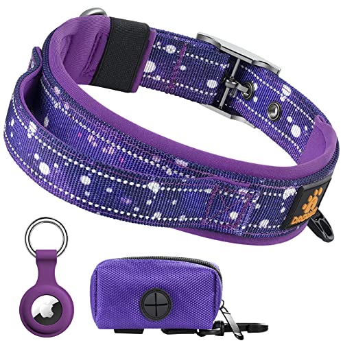 DAGANXI Hundehalsband Verstellbares, Weiches Neopren Gepolstert Atmungsaktiv Reflektierender Streifen Nylon Halsband für Kleine Mittlere Große Hunde, mit Airtags-Hülle und Hundekotbeutelspender von DAGANXI