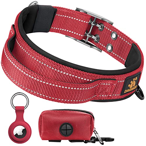 DAGANXI Hundehalsband Verstellbares, Weiches Neopren Gepolstert Atmungsaktiv Reflektierender Streifen Nylon Halsband für Kleine Mittlere Große Hunde, mit Airtags-Hülle und Hundekotbeutelspender von DAGANXI