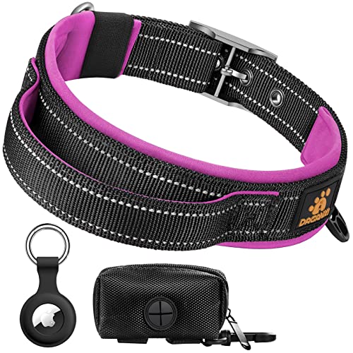 DAGANXI Hundehalsband Verstellbares, Weiches Neopren Gepolstert Atmungsaktiv Reflektierender Streifen Nylon Halsband für Kleine Mittlere Große Hunde, mit Airtags-Hülle und Hundekotbeutelspender von DAGANXI