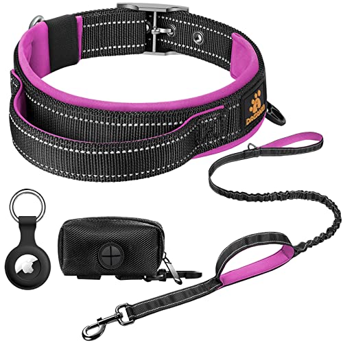 DAGANXI Hundehalsband Verstellbares, Weiches Neopren Gepolstert Atmungsaktiv Reflektierender Streifen Nylon Halsband für Kleine Mittlere Große Hunde, mit Airtags-Hülle und Hundekotbeutelspender (Groß, von DAGANXI