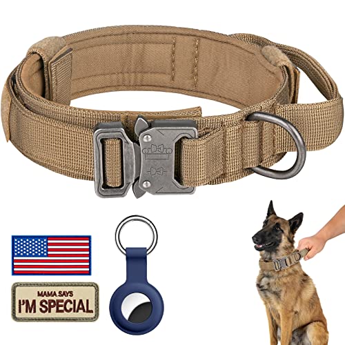 DAGANXI Taktisches Hundehalsband, Verstellbares Militär-Training, Nylon-Hundehalsband mit Kontrollgriff und Schwermetallschnalle für mittelgroße und große Hunde, mit Patches und Airtags-Hülle (XXL, von DAGANXI