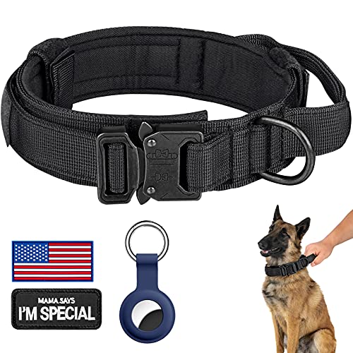 DAGANXI Taktisches Hundehalsband, Verstellbares Militärtraining, Nylon-Hundehalsband mit Kontrollgriff und Schwermetallschnalle für mittelgroße und große Hunde, mit Patches und Airtags-Hülle (S, von DAGANXI