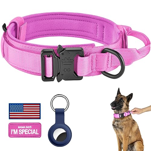 DAGANXI Taktisches Hundehalsband, Verstellbares Militärtraining Nylon Hundehalsband mit Kontrollgriff und Schwermetallschnalle für mittelgroße und große Hunde, mit Patches und Airtags-Etui (L, Rosa) von DAGANXI