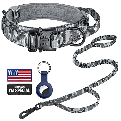 DAGANXI Taktisches Hundehalsband, Verstellbares Militärtraining Nylon Hundehalsband mit Kontrollgriff und Schwermetallschnalle für mittelgroße und große Hunde, mit Patches und Airtags-Etui (S, von DAGANXI