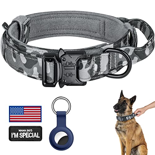 DAGANXI Taktisches Hundehalsband, Verstellbares Militärtraining Nylon Hundehalsband mit Kontrollgriff und Schwermetallschnalle für mittelgroße und große Hunde, mit Patches und Airtags Hülle (L, Camo) von DAGANXI