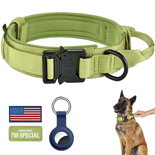 DAGANXI Taktisches Hundehalsband, verstellbares Militärtraining Nylon Hundehalsband mit Kontrollgriff und Schwermetallschnalle für mittelgroße und große Hunde, mit Patches und Airtags-Etui (M, von DAGANXI