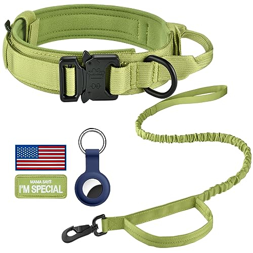 DAGANXI Taktisches Hundehalsband, verstellbares militärisches Training Nylon Hundehalsband mit Kontrollgriff und Schwermetallschnalle für mittelgroße und große Hunde, mit Patches und Airtags-Etui (L, von DAGANXI