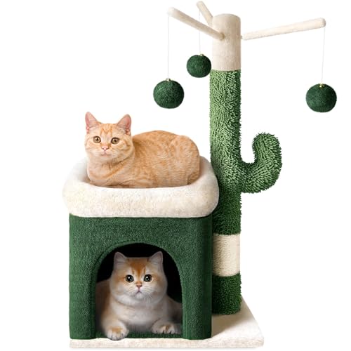Kaktus-Katzenbaum, niedlicher Katzenturm mit gepolsterter Sitzstange, privater Eigentumswohnung, vollständiger Kratzsäule und baumelndem Glockenball für Hauskatzen von DAGIN