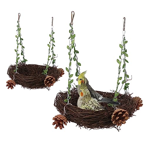 DAGLLGEW Bird Nest Guardgie Bett Papageibett Bird Schwung Bett Spielzeug 2pcs Natural Rattan Nest Papagei Käfig Hängematte Hängemattenständer für Shot Cockatiel Cockatoo von DAGLLGEW