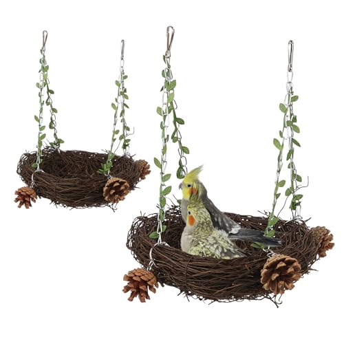 DAGLLGEW Bird Nest Swing Bett Spielzeug 2pcs Natural Rattan Nest Papagei Käfig Hängematte Hängemattenständer für Sittich Cockatiel Cockatoo Spielzeug für Vögel Spielzeug von DAGLLGEW