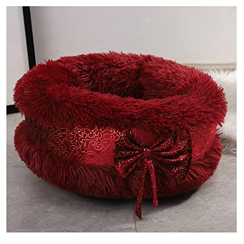 DAIHAN Donut-Haustierbett Plüsch Fleece Kunstpelz Hundekörbchen Runde Bowknot Hunde Höhlenbett Weich Bequem Haustier Hundekissen Schlafplatz Hundebett Katzenbett für Katzen und Welpen rot 60cm von DAIHAN